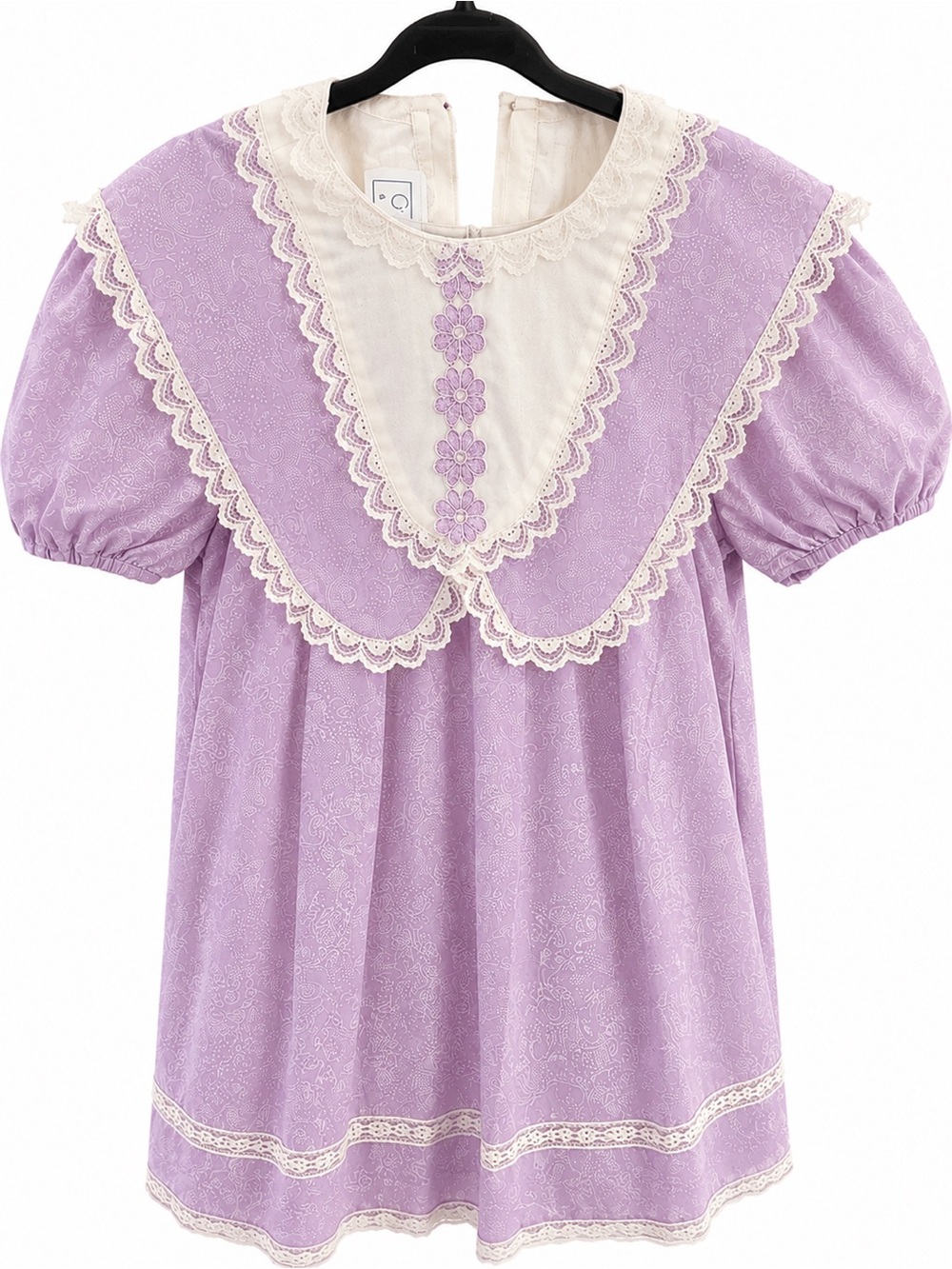 Vintage Lavender Lace-Trim Dress Top with Cream Bib Collar
